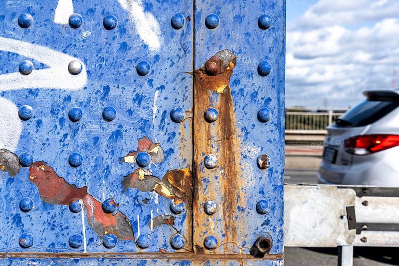 The Friedrich Ebert Bridge over the Rhine between Ruhort and Homberg, details of the bridge piers, rust, rivets, Duisburg, North Rhine-Westphalia, Germany, Europe