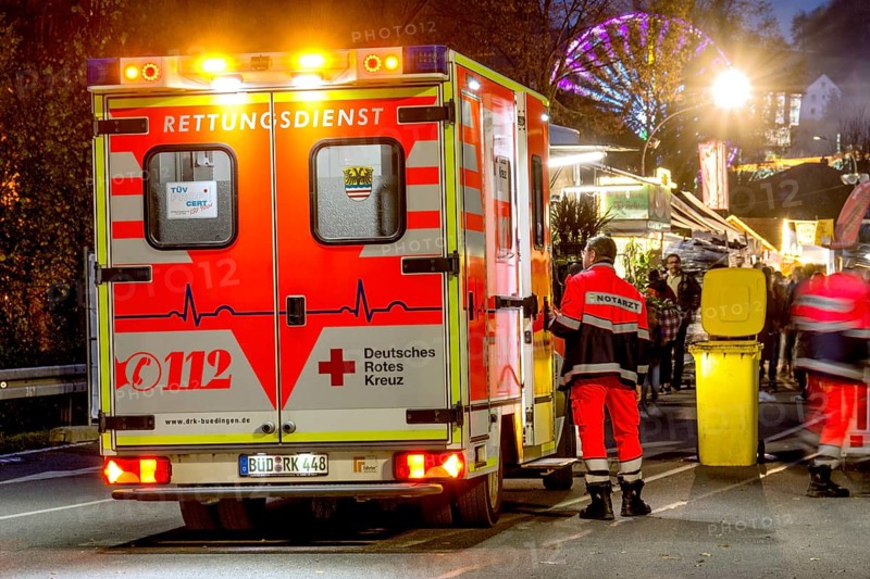 Ambulance, ambulance service, emergency doctor on duty, German Red Cross, on call at Kalter Markt fair, Kaale Määrt, funfair, fairground, Ortenberg, Wetterau, Hesse, Germany, Europe