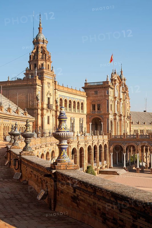 The Plaza de España, Seville, Spain built for the Ibero-American Exposition of 1929. It is a landmark example of the Renaissance Revival style in Spanish architecture