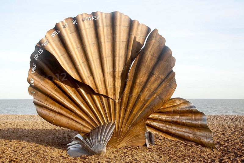 Scallop sculpture by artist Maggi Hambling, on shingle beach at Aldeburgh, Suffolk, England, United Kingdom, Europe