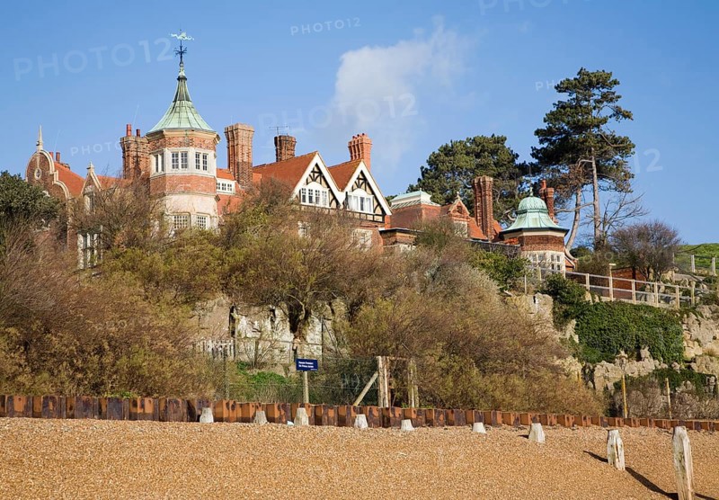 Gothic towers and man made Pulhamite cliifs, Bawdsey Manor, Suffolk, England, United Kingdom, Europe