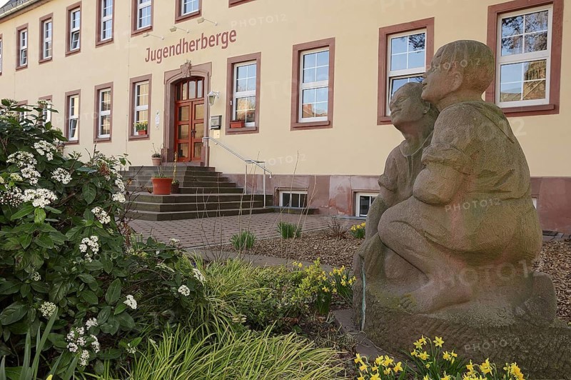 Statue in front of the youth hostel, Worms, Rhineland-Palatinate, Germany, Europe