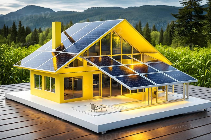 Hologram yellow eco house with solar panel architecture wireframe on table, ai generated, AI generated