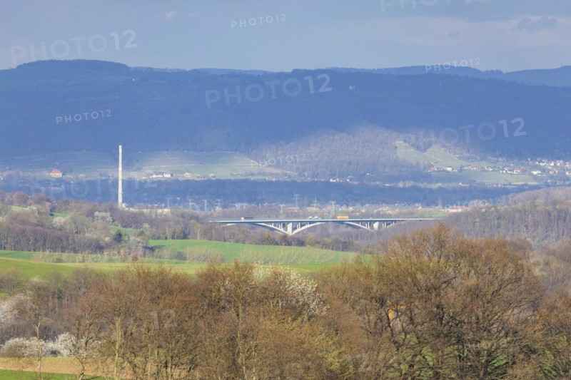 View over the A17 motorway with the Lockwitztal bridge to the eastern vineyards of Dresden, Karsdorf, Saxony, Germany, Europe