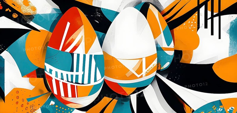 Illustration of an abstract Easter egg design with geometric patterns, bold colors, and a mix of textures, creating a modern and dynamic look, AI generated