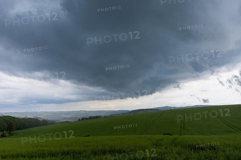 Heavy rain showers and thunderstorms over Possendorf in the Eastern Ore Mountains, Possendorf, Saxony, Germany, Europe
