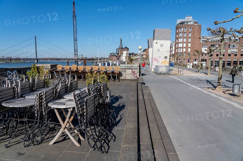 Empty Rhine embankment promenade, consequences of the contact ban, effects of the coronavirus pandemic in Germany, Düsseldorf