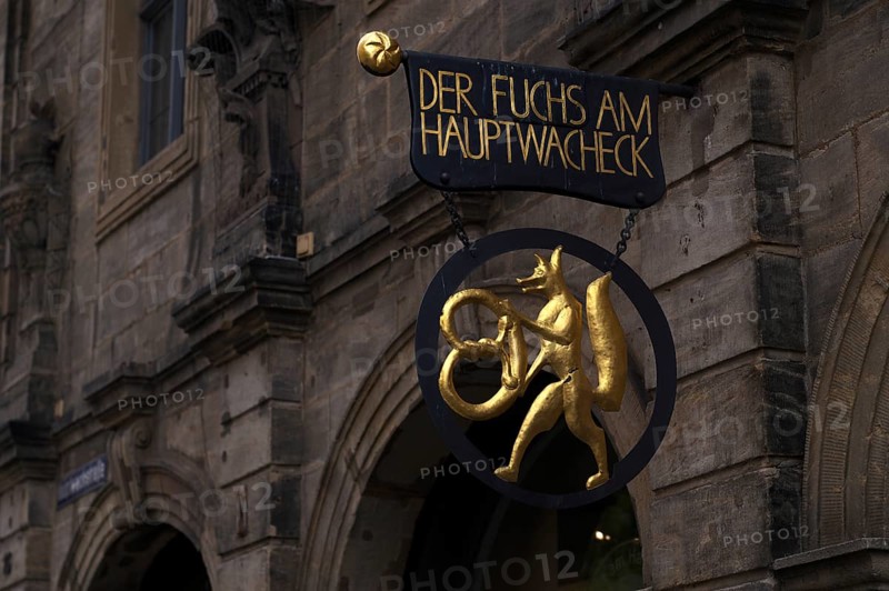 Fox with pretzel, nose sign of the bakery Der Fuchs am Hauptwacheck, café, Bamberg, Upper Franconia, Bavaria, Germany, Europe
