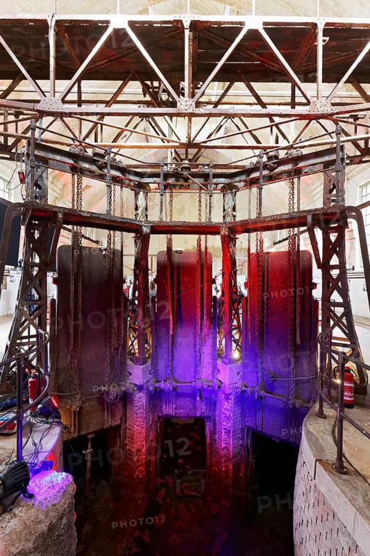 Old sewage treatment plant, former flood pumping and sewage treatment plant from 1910, gate valve in the sewage hall, industrial monument, Krefeld-Uerdingen, North Rhine-Westphalia