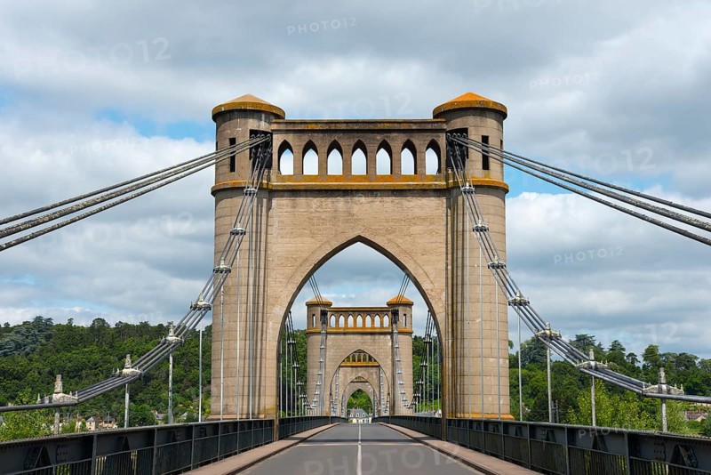 Historic bridge with distinctive arches and cables, surrounded by green landscape and a cloudy sky, suspension bridge over the Loire, Langeais, Indre-et-Loire, Centre-Val de Loire, France, Europe