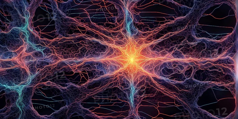 Abstract representation of neural networks modeled after the human brain with intricate web-like patterns and connections, AI generated