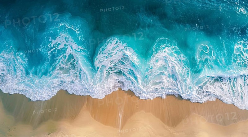 Drone bird's eye view of the ocean waves hitting the shore and sandy beach, AI generated