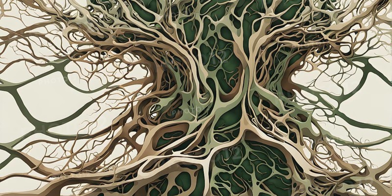 Abstract illustration depicting the branching patterns of tree roots representing natural optimization in structural engineering, AI generated