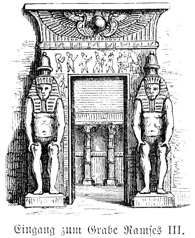Ancient Egyptian temple in the Valley of the Kings, entrance to the tomb of Ranses III, 1221 to 1156 BC, Egypt, historical illustration 1880, Orient, Africa