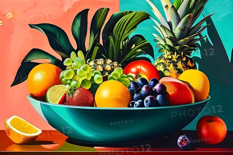 Vibrant illustration of a bowl brimming with a cascade of fresh fruits and vegetables, AI generated