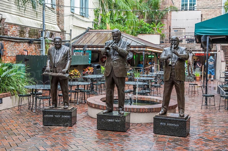 Statues of music legends Fats Domino, Al Hirt and Pete Fountain in the French Quarter of New Orleans, Louisiana, USA, North America
