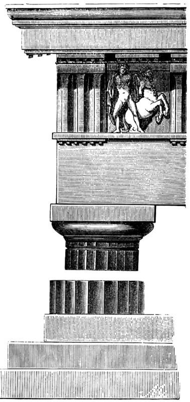 Doric column of the Pantheon in Athens, horse, man, Greeks in antiquity, historical illustration ca. 1890