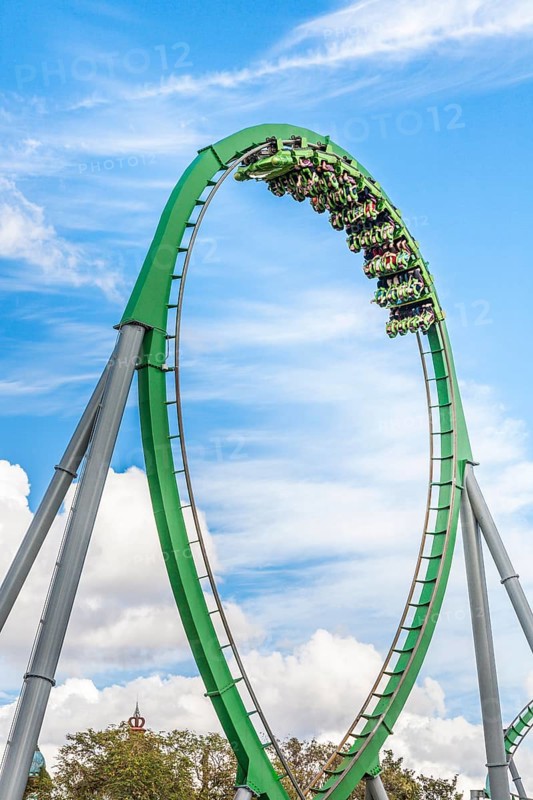 Park guest riding the Incredible Hulk Roller Coaster in Marvel Super Hero Island at Universal Studios Islands of Adventure park, Orlando, Florida, USA, North America