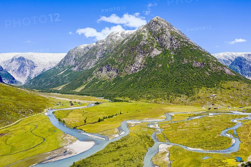 Aerial view of the road from Hafslo to valleys Austerdalen (right) and Langedalen (left), where Jostedalsbreen glacier stretches into the valleys, Sognefjord region, Norway, Europe
