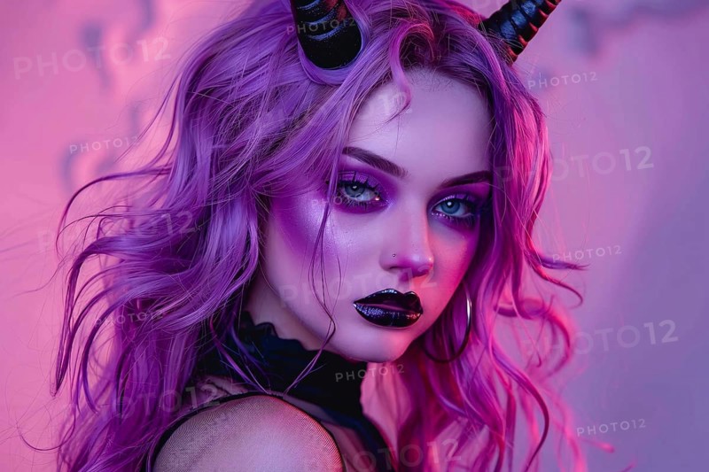 Young woman with Halloween costume devil horns and purple hair and makeup. Generative ai, AI generated