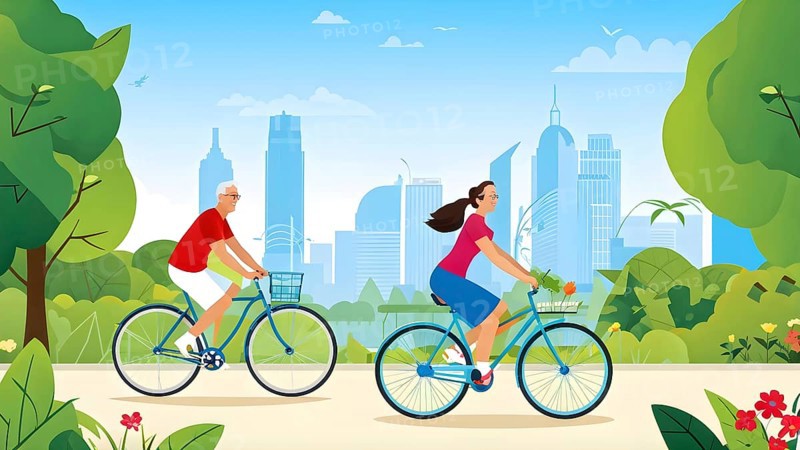 Vector cartoon illustration of an elderly couple cycling in a city park in summer, AI generated