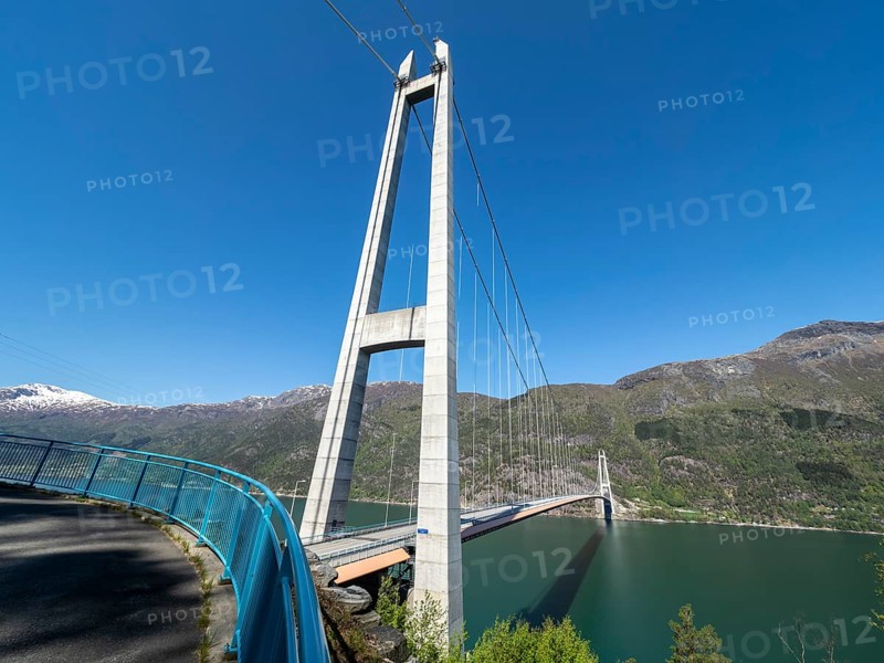 Suspension bridge over the Hardangerfjord, wideangle shot, spring, Hardanger, Norway, Europe