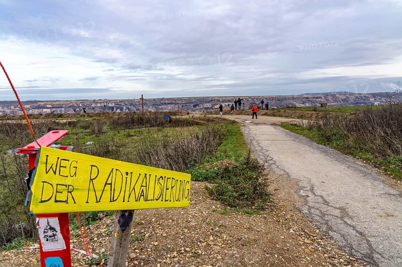 Camp of climate activists in the rest of the village of Lützerath, the last place to be excavated at the Garzweiler 2 open-cast lignite mine, North Rhine-Westphalia, Germany, Europe