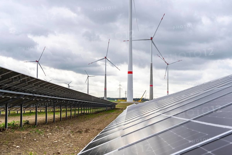 Wind farm and large-scale photovoltaic system, north-east of Bad Wünnenberg, near the village of Elisenhof, on the A44 motorway, North Rhine-Westphalia, Germany, Europe