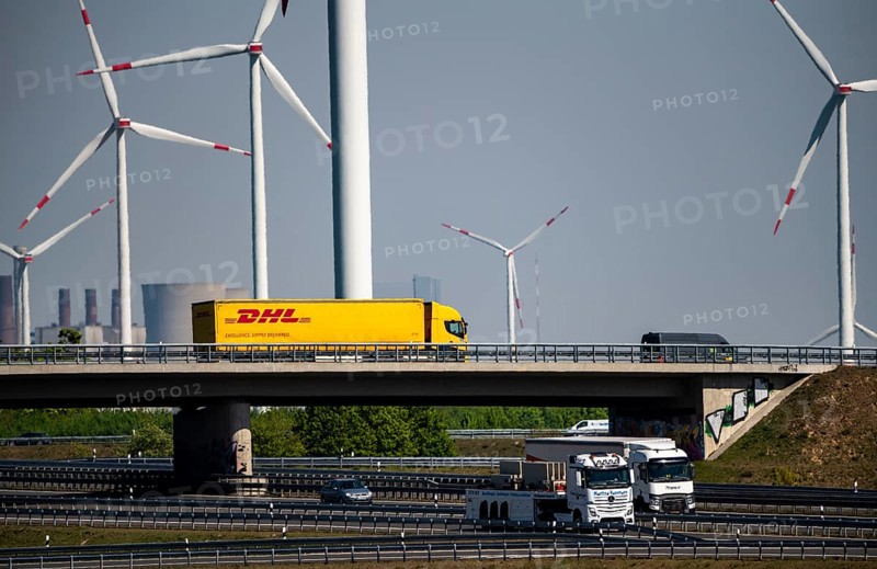 Jackerath motorway junction, A44 and A61 motorways, in the Rhenish lignite mining area, wind farm, North Rhine-Westphalia, Germany, Europe