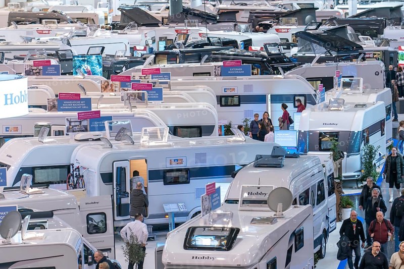 Travel and camping fair, caravans, motorhomes and everything to do with camping, travelling, tourism, are shown in the Essen exhibition halls, motorhomes in Hall 3, public fair, North Rhine-Westphalia, Germany, Europe