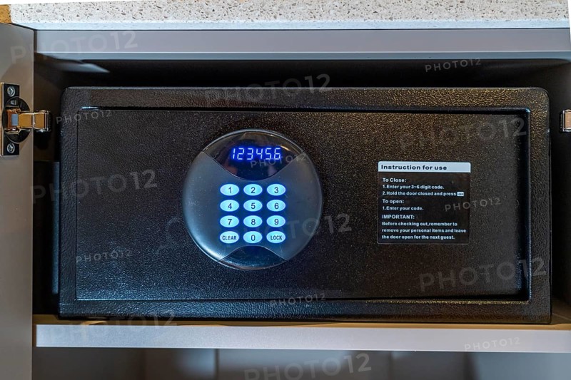 Room safe in a hotel, keypad for entering a 6-digit numerical code to lock the safe for depositing valuables