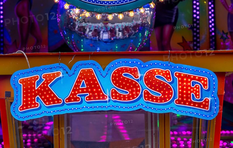 Funfair, fairground, illuminated sign for the cash desk of a fairground ride