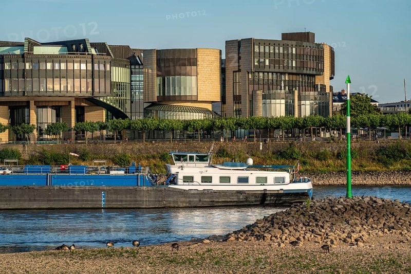 Rhine near Düsseldorf, extremely low water, Rhine level at 81 cm, falling, after a long drought the left bank of the Rhine is dry, near Düsseldorf Oberkassel, cargo ship with reduced cargo, North Rhine-Westphalia Landtag, Germany, Europe