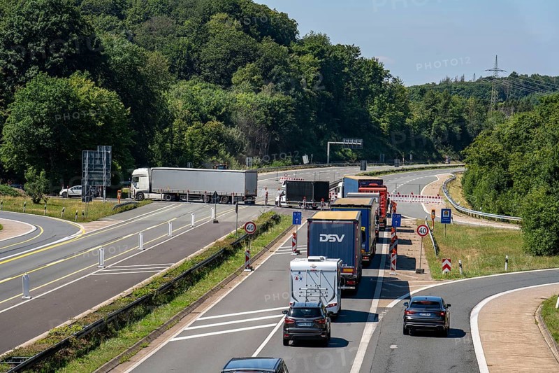 A45 motorway, coming from the south, traffic is diverted in front of the Lüdenscheid junction, in front of the completely closed Rahmede viaduct, which is being blown up and rebuilt due to massive damage to the supporting structure, Lüdenscheid, North Rhine-Westphalia, Germany, Europe