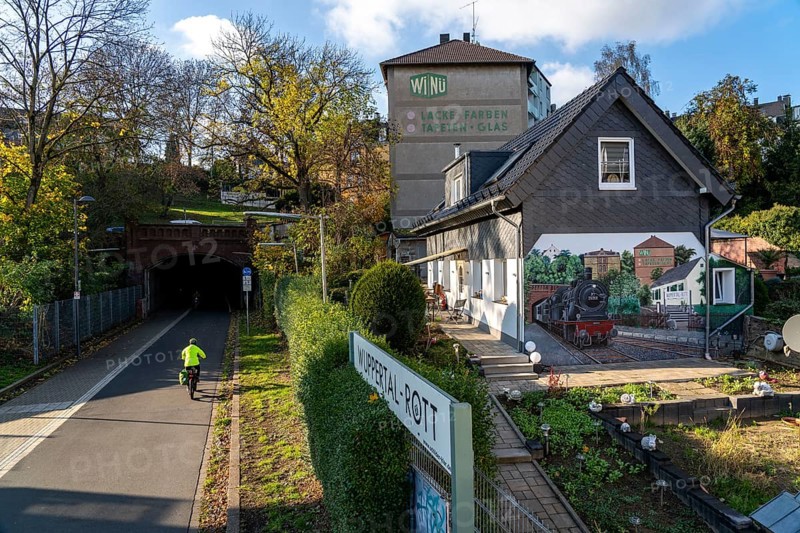 The Nordbahntrasse, a cycle path, footpath, on a former 22 KM long railway line, along the west-east axis of Wuppertal, on the northern slope, with many tunnels, viaducts and views of the city, former Rott station, Wuppertal, North Rhine-Westphalia, Germany, Europe