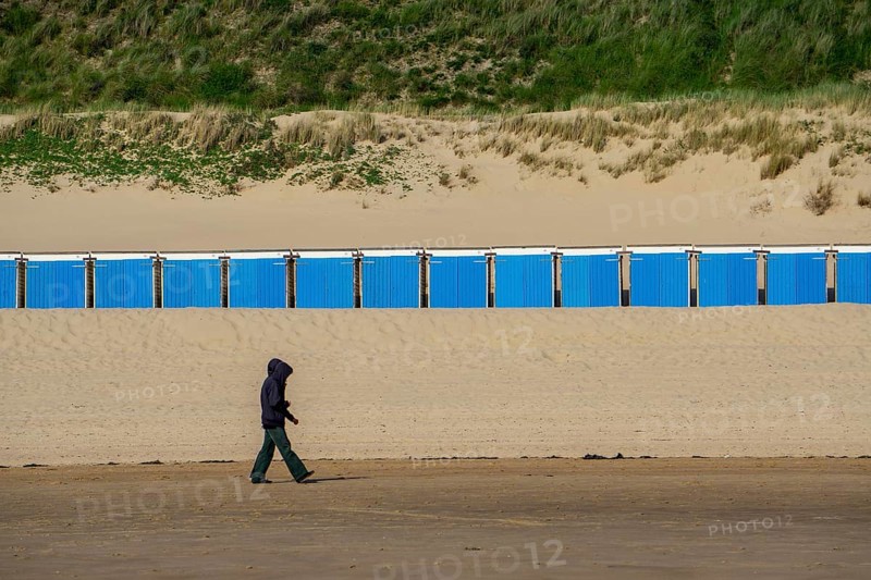 Beach cabins on the North Sea beach near Zoutelande, Zeeland, at low tide, dunes, Netherlands