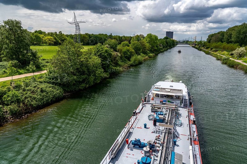 The Rhine-Herne Canal in Oberhausen, Tanker Louisa, Sorcerer's Apprentice artwork, Gasometer, North Rhine-Westphalia, Germany, Europe