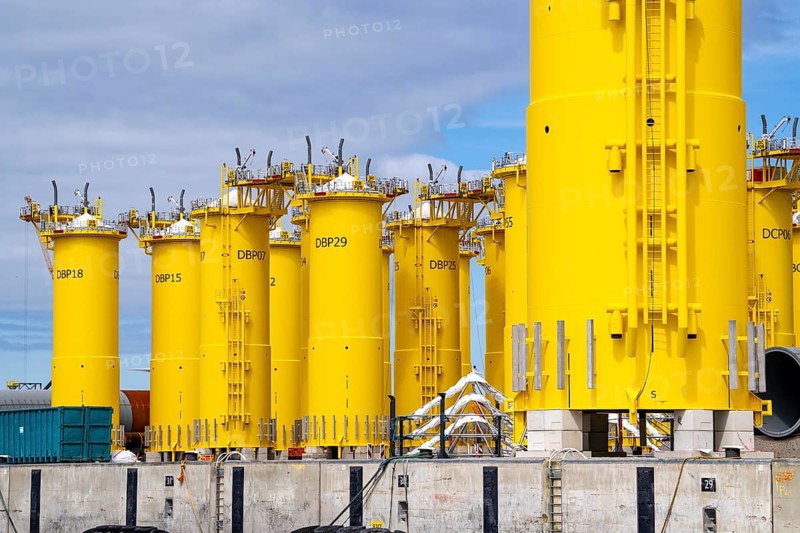SIF Offshore Foundaitons, production of foundations, monopiles, for offshore wind turbines, the wind turbines are assembled on these pipes, which are installed in the seabed at a depth of up to 60 metres, production plant in the seaport of Rotterdam, Maasvlakte, Rotterdam Netherlands