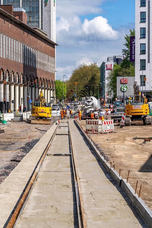 Construction site at the main railway station, for the new Citybahn, a new tram line over 5 km long, which will connect the west of Essen, the new district 51, with the city centre from 2026, Essen, North Rhine-Westphalia, Germany, Europe