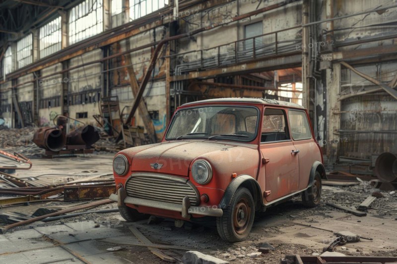 An old, weathered and dusty British vintage car, wreck, of the Mini Cooper type from the 1960s stands in an old factory building, AI generated, symbolic image for restoration, repair, restoration of historical cultural assets, AI generated, AI generated