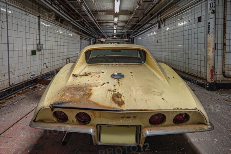 An old, weathered and dusty US-American classic car, wreck, of the type Chevrolet Corvette Stingray from the 70s stands in an old factory hall, symbolic image for restoration, repair, restoration of historical cultural assets, AI generated, AI generated, AI generated