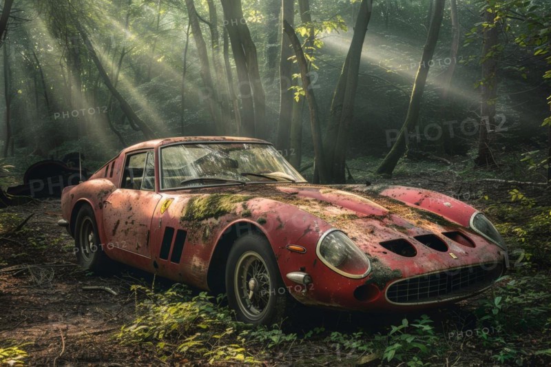An old, weathered and dusty Italian racing sports car vintage car, wreck, of the type Ferrari GTO 250 from the 60s stands in a forest, car cemetery, between trees, symbolic image for restoration, repair, restoration of historical cultural assets, AI generated, AI generated, AI generated