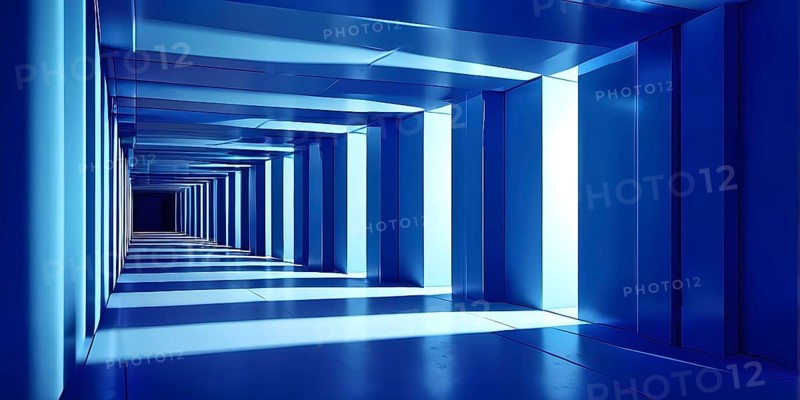 Windows aligned within an elongated tunnel permeated with gradients of blue hues, AI generated