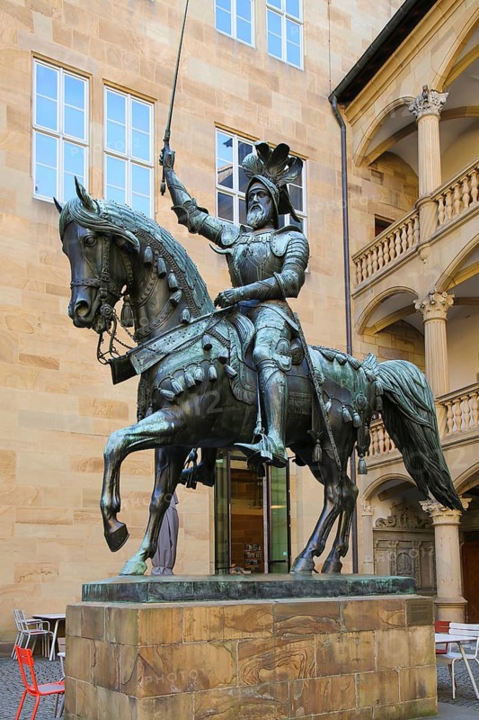 Equestrian statue of Count Eberhard im Bart, Eberhard I, Duke, bronze statue, art in public space, large sculpture, horse, sword, armour, Altes Schloss Stuttgart, former moated castle, princely residence, 14th century seat of the Counts of Württemberg, court chamber, today Renaissance castle, architect Aberlin Tretsch, Württemberg State Museum, historical building, architecture, castle courtyard, state capital, Stuttgart, Baden-Württemberg, Germany, Europe