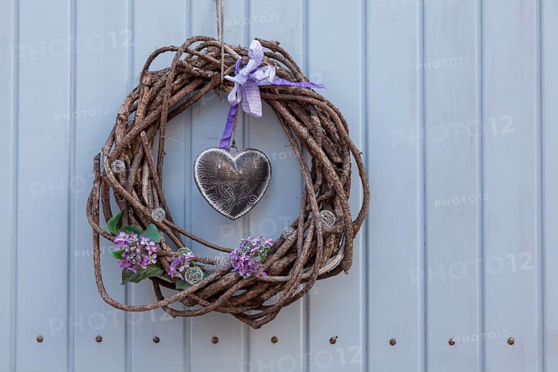 Door wreath with heart, Rhineland-Palatinate, Germany, Europe