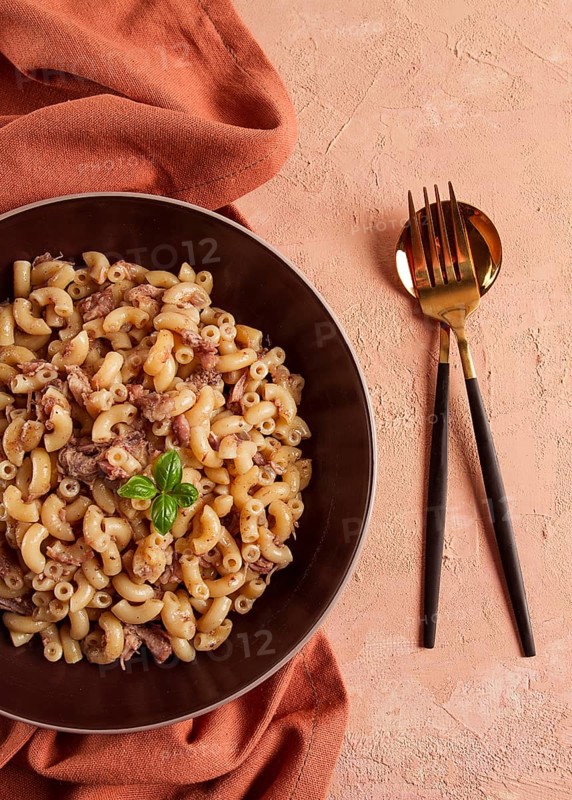 Pasta with stewed meat, pasta in the navy, horns, homemade, no people