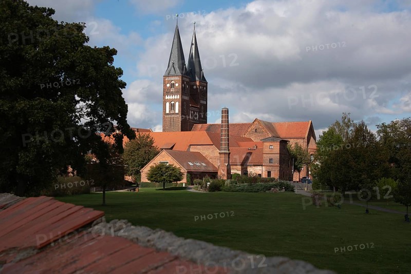Jerichow Monastery, considered the oldest brick building in northern Germany, located on the Romanesque Road, collegiate church of St Mary and St Nicholas, former Premonstratensian canon monastery, photo taken with drone, Jerichow, Saxony-Anhalt, Germany, Europe