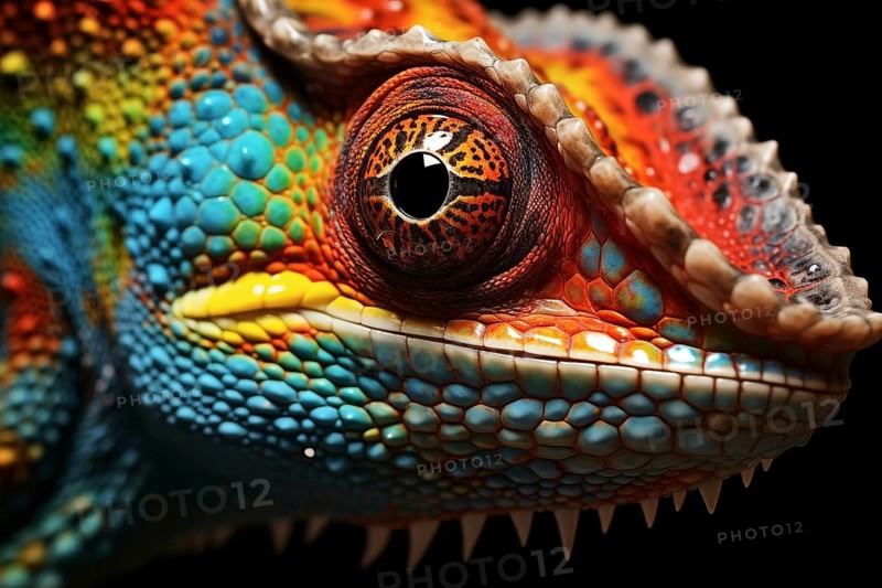 Vibrant close-up image capturing the intricate details and vibrant colors of a chameleon against a dark background, AI generated