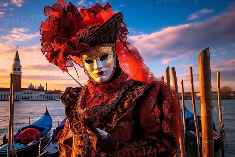 A person adorned in a richly detailed and colorful carnival costume, complete with an elaborate mask, participates in the iconic Venice Carnival, AI generated