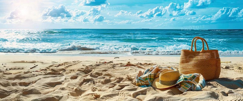 Beach scene with a straw hat, beach bag. Summer vacation, palm trees and ocean in the background, AI generated